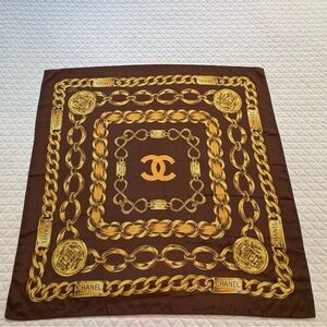 Vintage 1990s  100% Silk Chanel Scarf CC Logo Brown Gold Chain Links 34.5 X 34.5